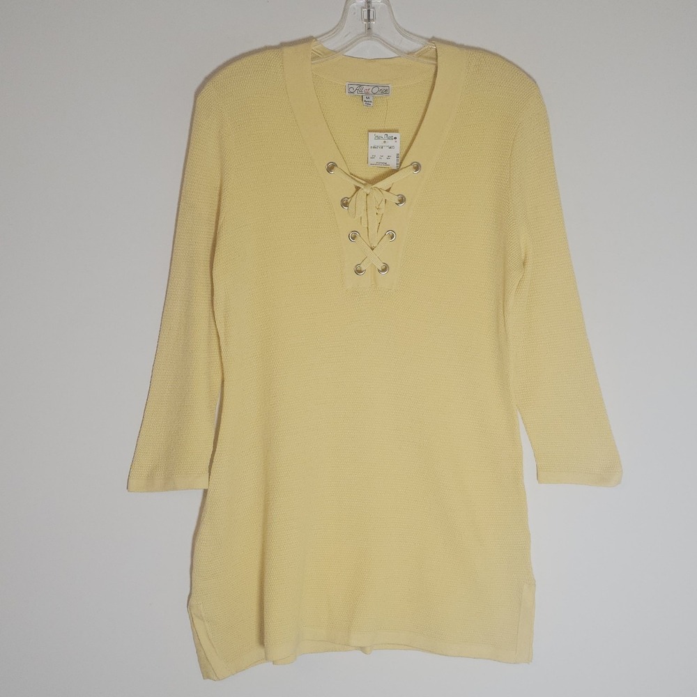 All at Once Sweater Womens Medium Yellow Waffle Knit Lace Up Tie Neck Tunic Top